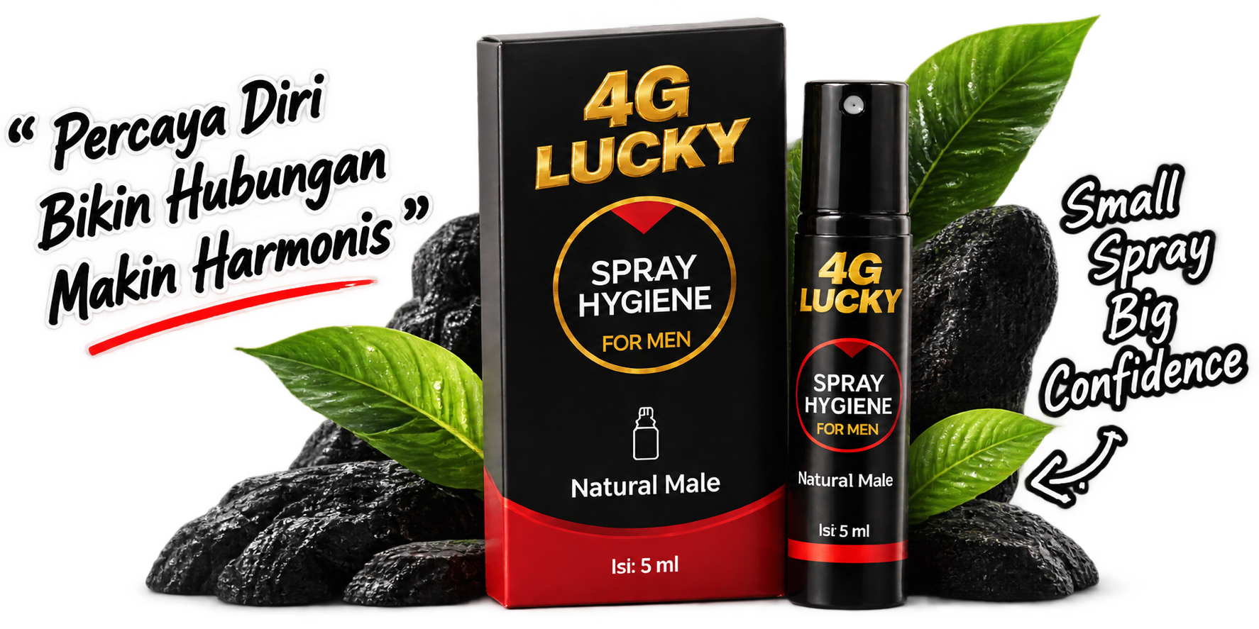 Kemasan 4G Lucky Spray Hygiene for Men. Percaya diri bikin hubungan makin harmonis. Small spray, big confidence.